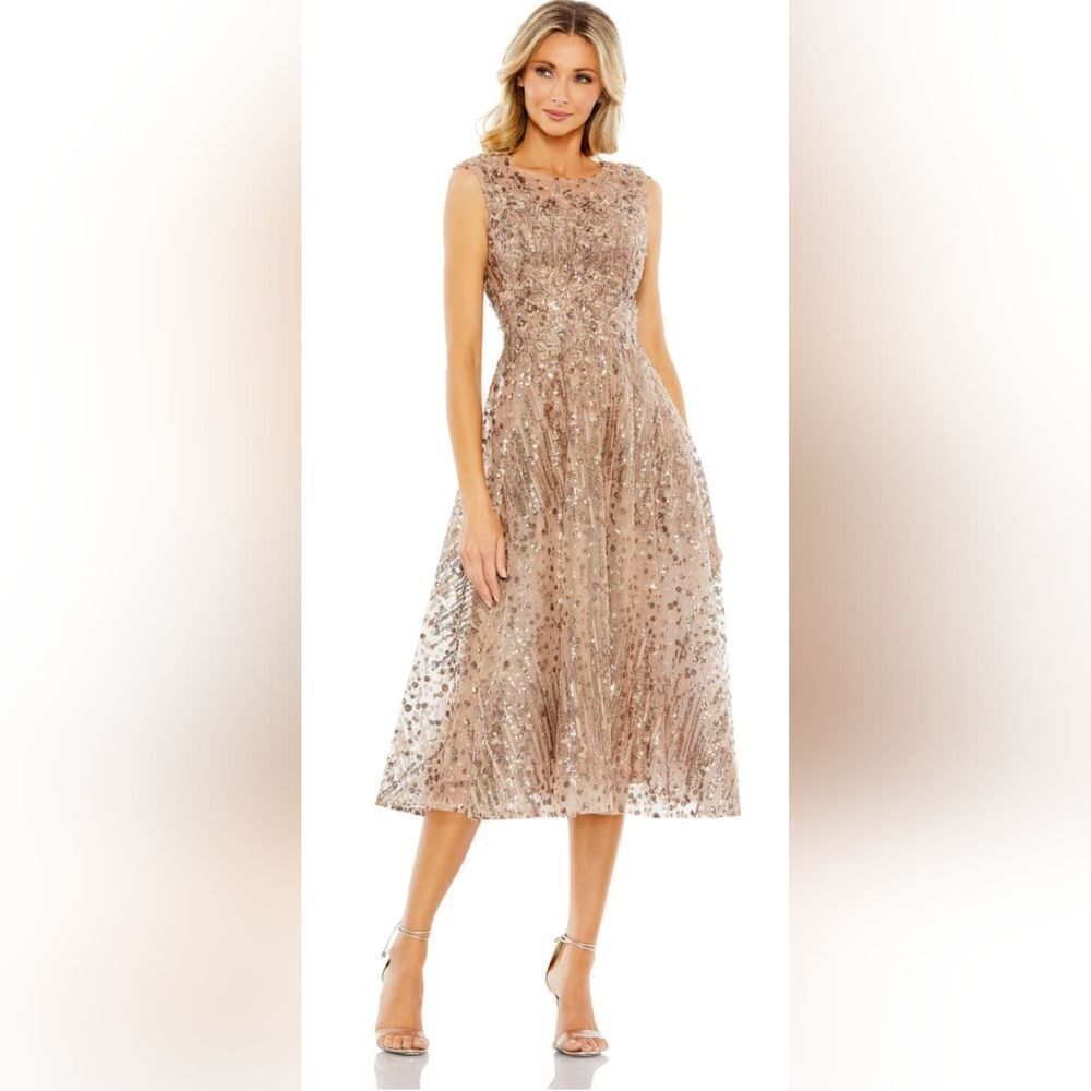 Mac Duggal SEQUINED CAP SLEEVE FIT AND FLARE DRESS NWT size 10 bronze (20398)